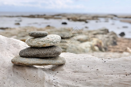 海滨漂浮木上堆积的石块头平衡和谐图片