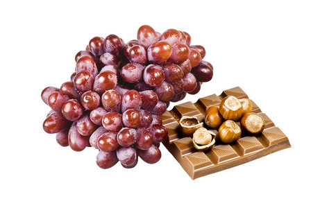 食物核心盘子红葡萄有巧克力和坚果在白色背景的贝壳中图片
