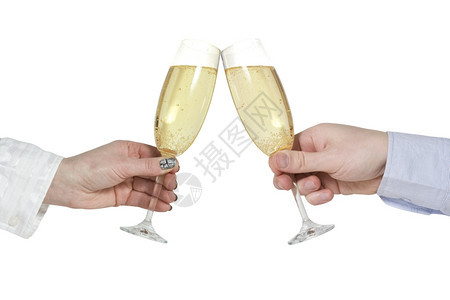 喜庆的两只手拿着香槟杯白色背景的眼镜被隔绝前夕喝图片