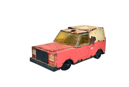 优质的复古旧式卡车时代的玩具在白色背景上反转车辆图片