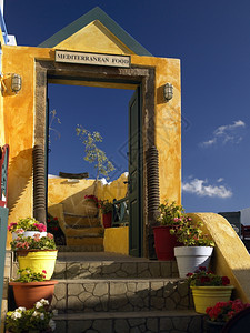 希腊的岛圣托里尼进入一家餐馆的门口旅行丰富多彩的如画图片