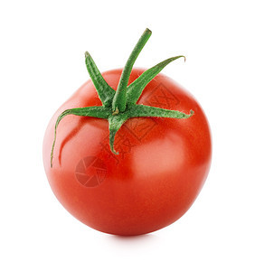 红色的目成熟番茄与绿色手柄隔离在白背景成熟的番茄与绿色手柄图片