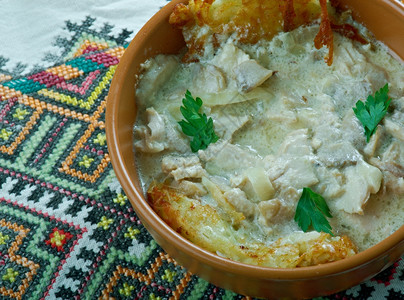 古苏尔斯基山脉配有肉类蘑菇和奶油酱的哈苏尔喀巴阡菜开胃图片