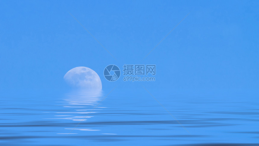 蓝色背景海上的月亮图片