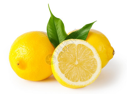 健康柑橘黄色的三个柠檬白底叶隔绝图片
