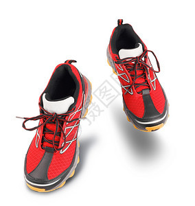 步行白色背景孤立的红运动鞋红跑步教练员图片