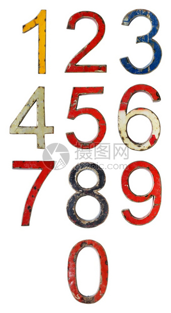 磨损红色的白背景旧金属涂有从0到9的旧金属数字收集零到9的旧金属涂有数字放图片