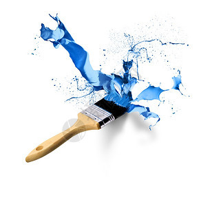 绘画笔鬃刷子在白色背景上喷洒滴蓝色涂料油漆笔画滴蓝色背景图片