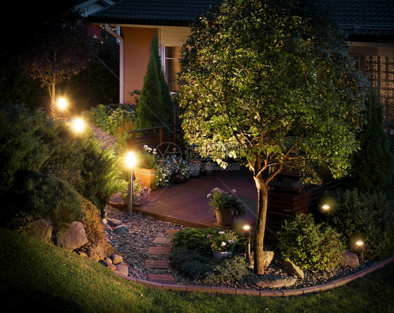 户外夜晚的灯光照亮了花园小道图片