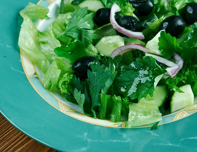 Zahtersalatas带绿叶橄榄和洋葱的地中海沙拉油美食土耳其图片