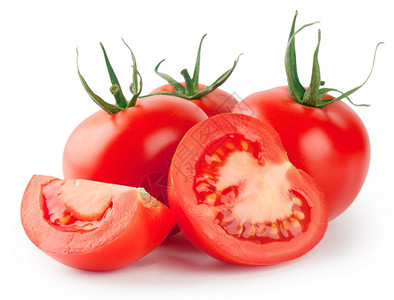 自然整片和切红西番茄在白色背景上被孤立闪亮的降低图片