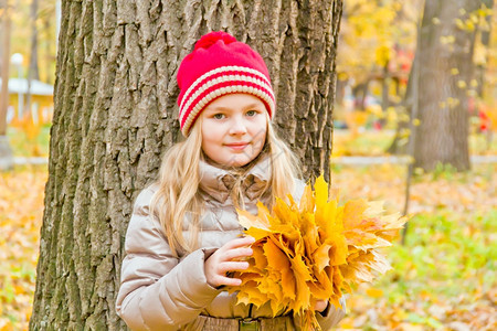 秋天拿着枫叶的小女孩图片