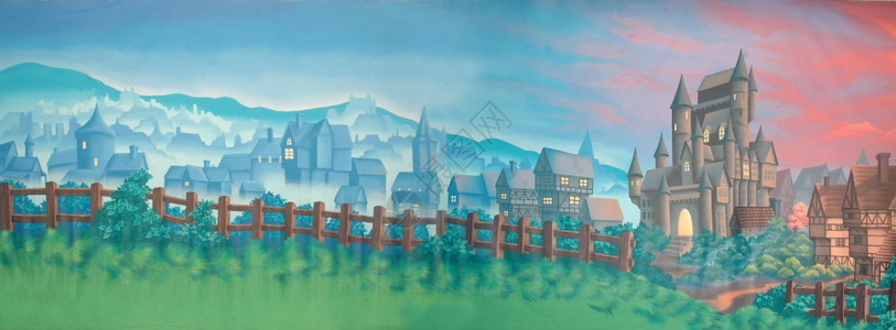 中世纪村庄和城堡的绘画背景图书馆艺术栅栏图片
