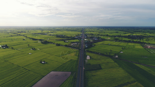 鸟瞰田野道路与天际线图片