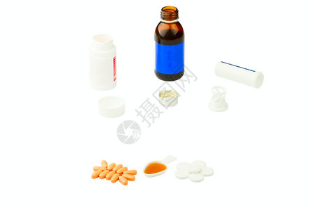 白色背景上隔离的覆盖物平板和瓶子塑料医疗的药片图片