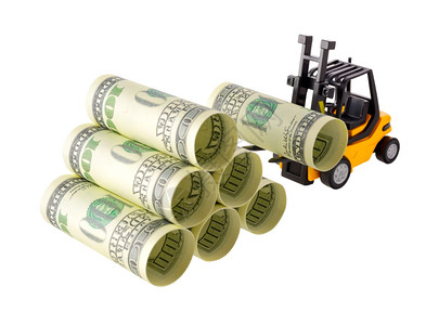 管道钱孤立的物体金融概念黄色叉车堆积在一百元钞票上滚成管子白底隔绝于世轧制图片