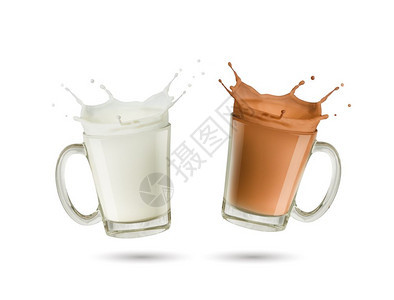 文件夹新鲜的乳制品白底玻璃杯中喷洒牛奶和巧克力水图片