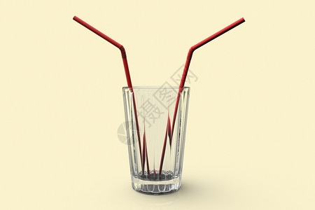 玻璃杯拍摄3D显示一个带有两根稻草的玻璃杯概念图像一种颜色股票背景