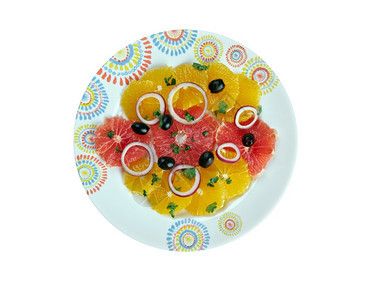 小吃蔬菜水果橄榄西里橙色沙拉西班牙和里烹饪的典型沙拉菜背景图片