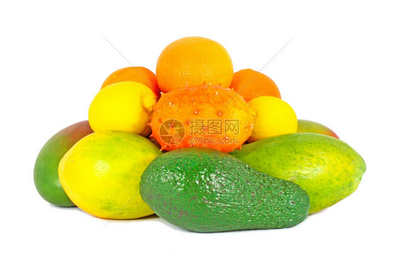 有机的热带水果鳄梨芒木瓜橙子柠檬白边隔离成熟异国情调图片