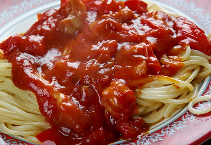 意大利语美食面条SpaghettiAmatriciana传统意大利面食图片