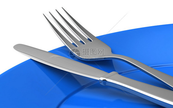 餐具晚银3d在白色背景上隔离的蓝板刀和叉图片