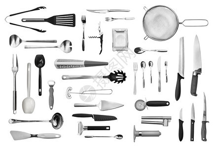 筛白色隔离的切合实际厨房设备和餐具收藏及勺子抹刀图片