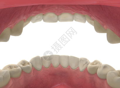 小路3d在人类嘴里贴近3d在白背景与剪切路径隔离的健康红口香糖上用黄牙和排胶图片