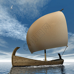 白天在海洋漂浮的古老帆船木制运输使成为图片