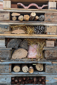 配有切栗和松锥分处的木制小盘堆叠稻草包装托盘图片