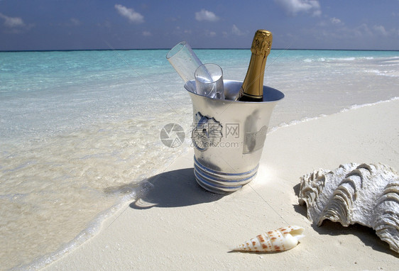 沙滩上的冰桶和香槟图片