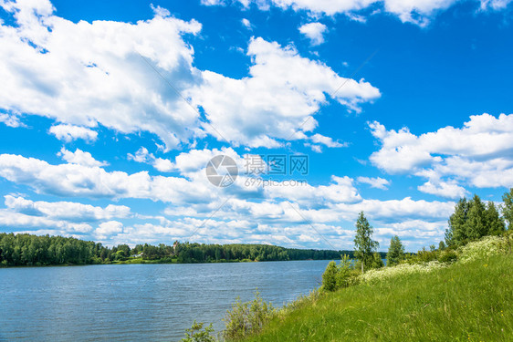 绿色天空美丽的俄罗斯Ivanovo地区的夏季风景与河流在俄罗斯Sunny日图片