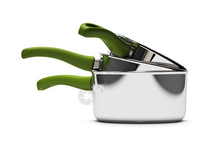 厨具白色背景的3个空盘带有绿色手柄厨房餐具白背景的3个空盘带有绿色手柄防锈的配件图片