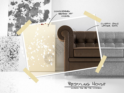 家重新整理房屋的皮革沙发和抽象画布项目经典的建筑学图片