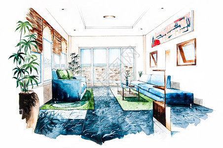 玻璃水彩色绘画的客厅设计内部目图片