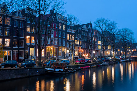 建筑学城市风景优美日落时荷兰阿姆斯特丹市风景图片