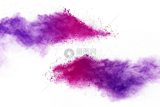 在白色背景上分离的紫色粉末爆炸幻想溅抽象的图片