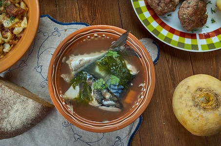 菜肴美味的MakrillsoppaMackerelSoup瑞典自制烹饪传统各种菜盘顶视美食图片