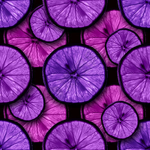 自然有质感的紫色调柑橘类水果切片无缝图案其背光在黑色景上被隔绝可以打砖重复图片