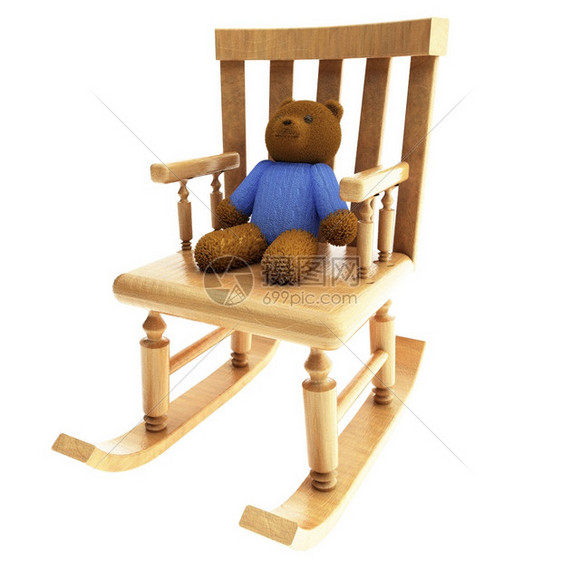玩具熊坐在摇椅上3D白色隔离装饰风格木制的一种图片