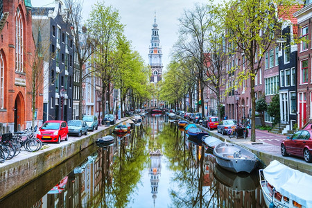 旅游城市早上在阿姆斯特丹的Zuiderkerk教堂历史背景图片