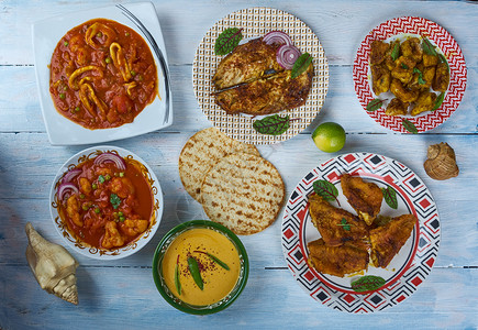 食物放什锦的喀拉风格烹饪传统各种菜盘顶视图图片