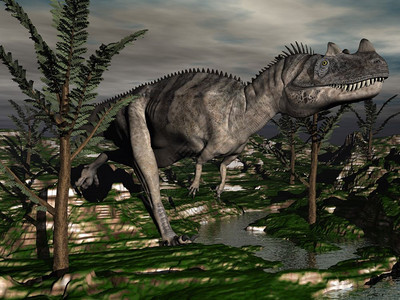 之中树木捕食者质催化树中行走的恐龙3D图片