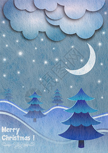 为了树云灰纤维布织和蓝色光亮薄膜冬季场景圣诞快乐节卡片图片