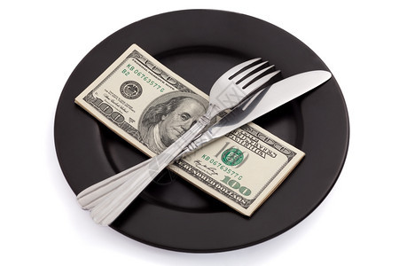 刀具白背景的叉子和刀在盘上的钱昂贵账单图片