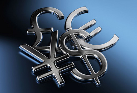 日本人外国的中新年白银日元或人民币英镑欧元对蓝背景美欧的标志图片
