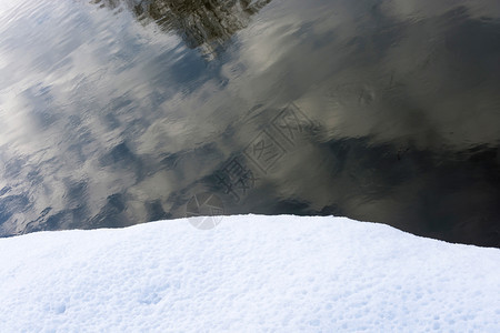 黑色的美丽环境水中云层和树木以及白雪边缘的抽象反射图图片