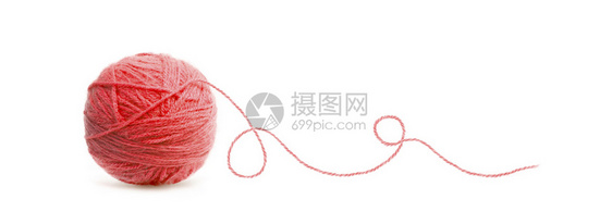 白色背景上孤立的红色线形羊毛丝球红色目的细绳材料图片