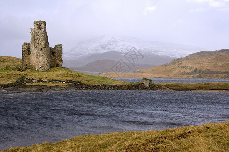 如画西方合成器苏格兰西北高地Assynt湖Ardverk城堡的废墟图片