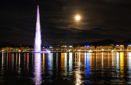 瑞士日内瓦喷水式飞机夜间照片晚天空旅游图片